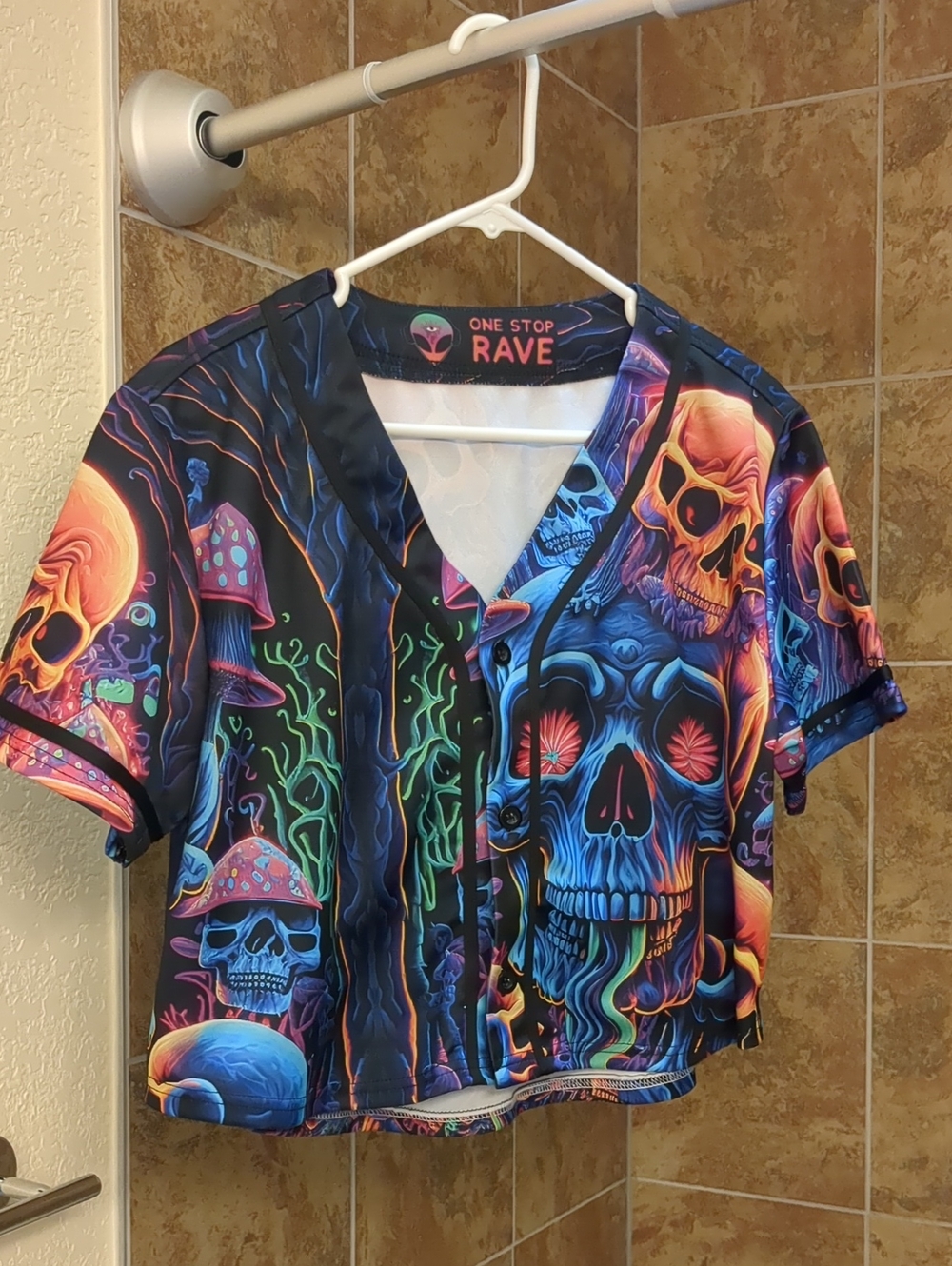 Colorful Skull Print Rave Cropped Baseball Jersey